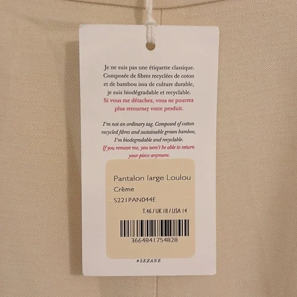 Sezane Loulou Trousers In Creme NWT Size 46, US 14